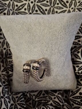 LAGOS Sterling Silver Beaded Hoop Earrings with Black  Cermic And Diamonds